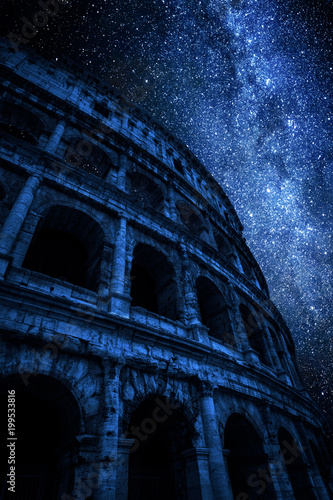 Photography Milky way and great Colosseum at night in Rome, Italy