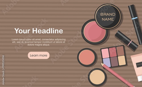 Various beauty products isolated on kraft paper background. Makeup cosmetics set