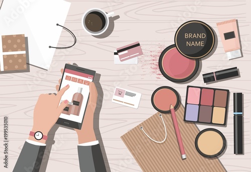 Make-up products on the table. Online beauty shop. Vector Illusrtation	