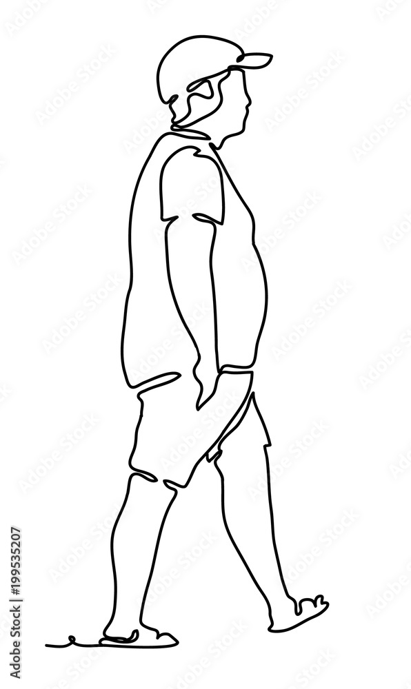 The man, guy in the baseball cap, on a white background, Continuous line drawing. Vector monochrome, drawing by lines. People in the Park. sketch The man, guy in the baseball cap, on a white background, Continuous line drawing. Vector monochrome, drawing by lines. People in the Park. sketch