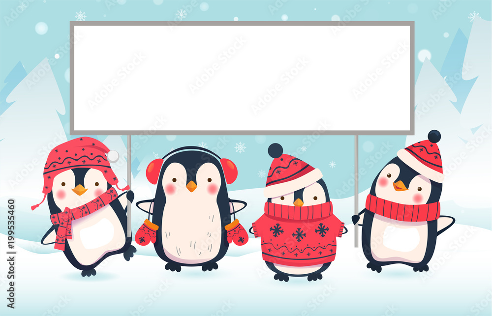 Obraz premium two penguins holding banner