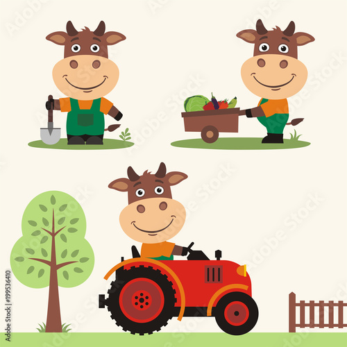 Set of funny bull farmer with shovel, with wheelbarrow with vegetables, in farm tractor. Collection of bull is working on the farm.