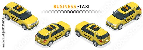 Isometric high quality city service transport icon set. Car taxi. Offroad truck