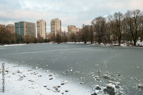 Desolated pensive frozen pond in city park is mysterious and full of sad harmony so on a cloudy winter day it looks like a Snow Queen`s estate. photo