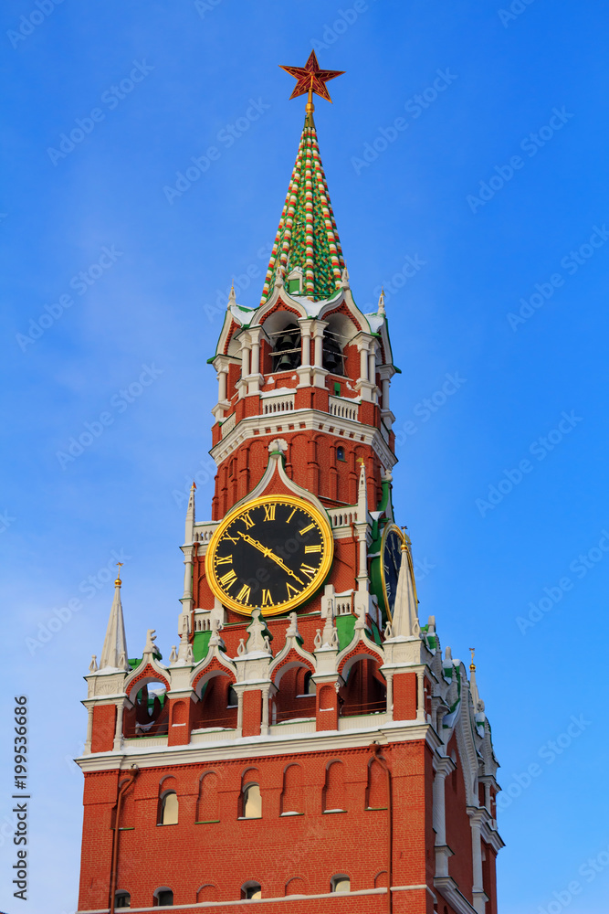 Historical landmark Spasskaya Tower on the Red Square. Moscow Kremlin in winter