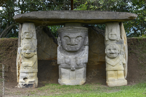 Ancient pre-columbian statues in San Agustin, Colombia. Archaeological Park, an altitude of 1800 meters at the source of the Magdalena River, in the Valley of the statues.