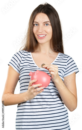 Woman with a piggy bank. Isolated over white background