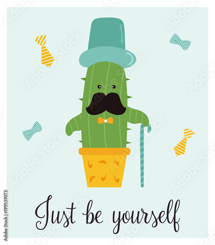 Bright card with cute smiling cactus and quote