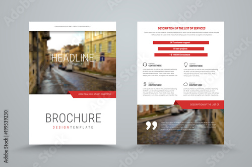 design of the cover and back side of the business brochure with a place for photo and red design elements