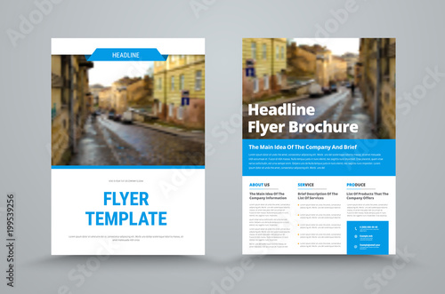 business flyer template with a place for photos and blue design elements.