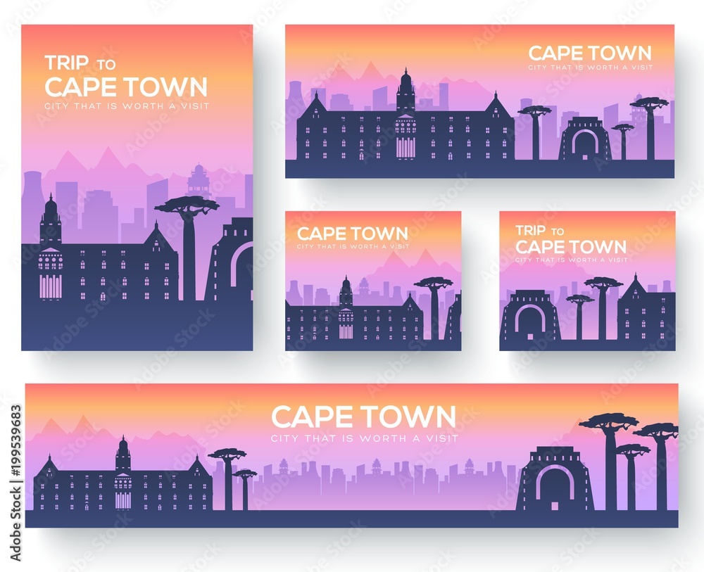 Set of cape town landscape country ornament travel tour concept. Culture traditional, magazine, book, poster, abstract, element. Vector decorative ethnic greeting card or invitation background