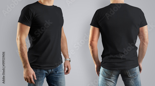 Black Mockup for the design of clothes t-shirt. Young man, front view and back.