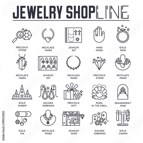 Set of different icons dedicated to jewelry shop in thin line style. Linear symbol pack. Modern template of thin line icons, logo, symbols, pictogram and flat illustrations concept