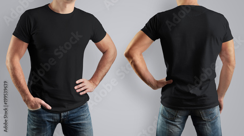 Mockup black t-shirt on strong man on gray background. Front view and back.
