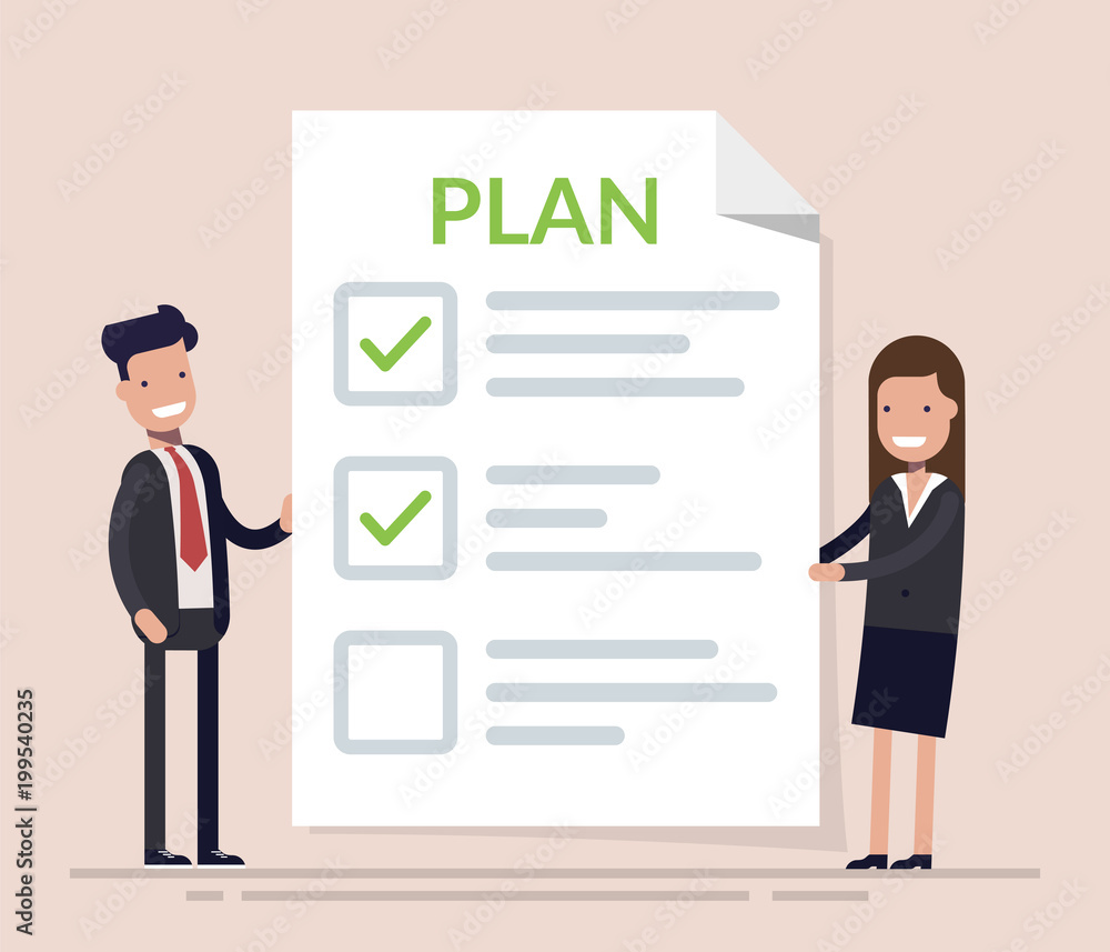 Business people, man and woman standing with big clipboard and checklist. Concept business plan in action. Happy managers in a business suit. Flat vector illustration. Business people, man and woman standing with big clipboard and checklist. Concept business plan in action. Happy managers in a business suit. Flat vector illustration.