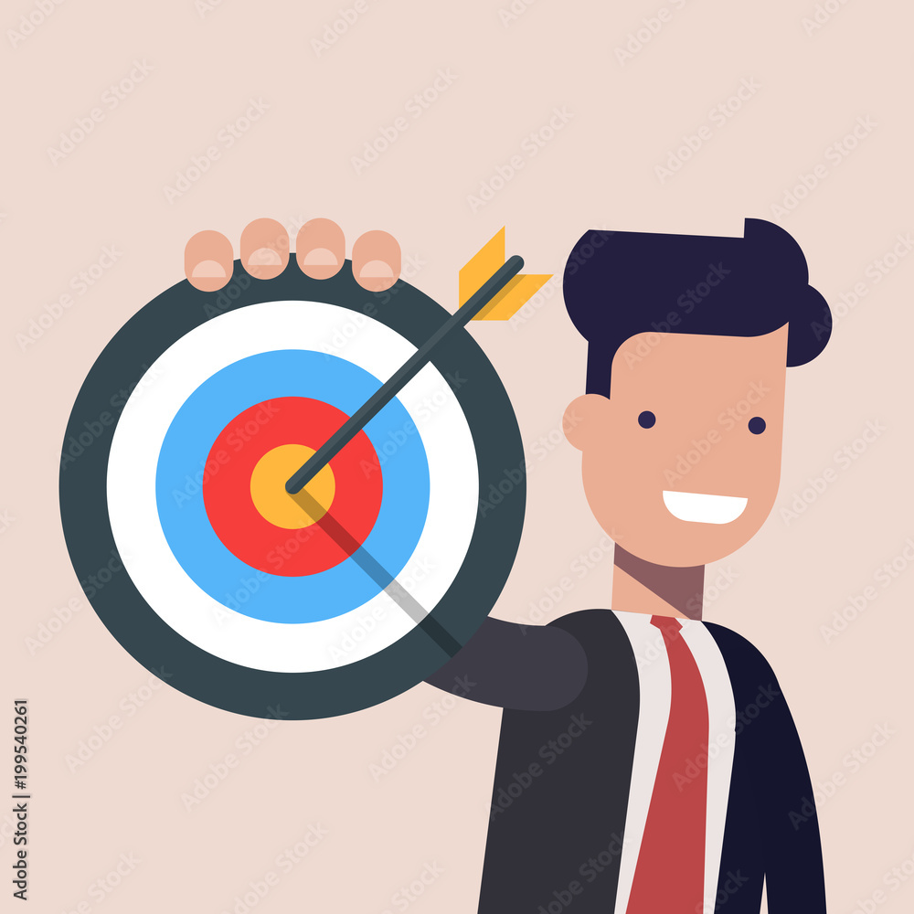 Businessman or manager pointing to the big target. Happy man dressed in a business suit. Flat vector illustration. Businessman or manager pointing to the big target. Happy man dressed in a business suit. Flat vector illustration.
