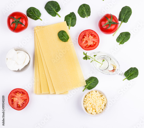 Flat lay of Ingredients for spinach lasagne