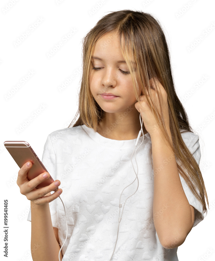 Fototapeta premium Beautiful Little Girl Using Smart Phone Listen Music