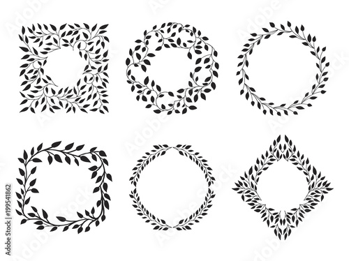 Set of beautiful wreath and frames. Vector round and square elements with flourishes ornament decoration.