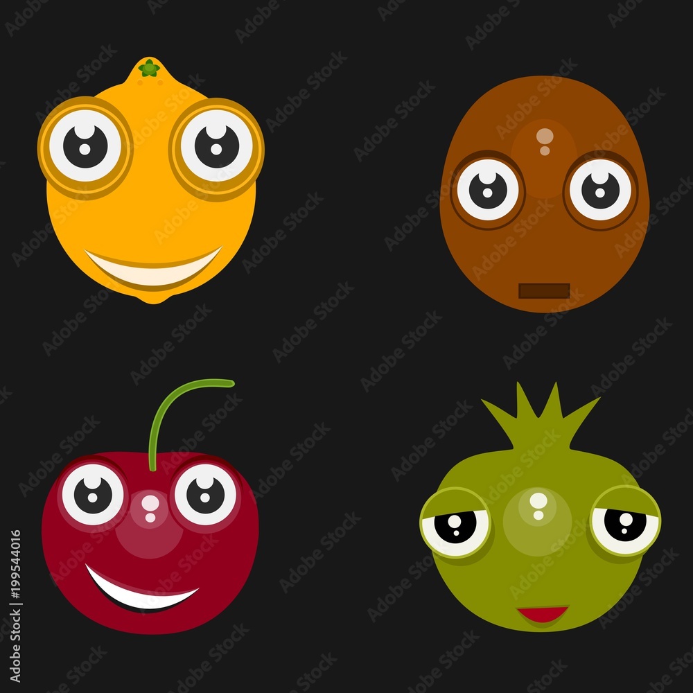 Funny isolated icons: lemon, cherry, potato and onion with black background Funny isolated icons: lemon, cherry, potato and onion with black background