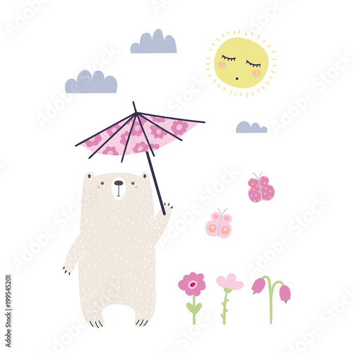 Hand drawn vector illustration of a cute funny bear with a parasol, going for a walk on a sunny day. Isolated objects on white background. Scandinavian style design. Concept apparel, nursery print.
