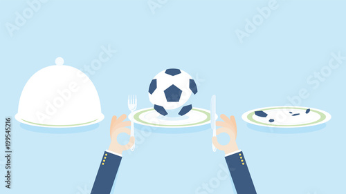 Bon Appetit! Soccer / Football Concept Illustration With Ball On Plate, Closed Dish And Empty Dish.