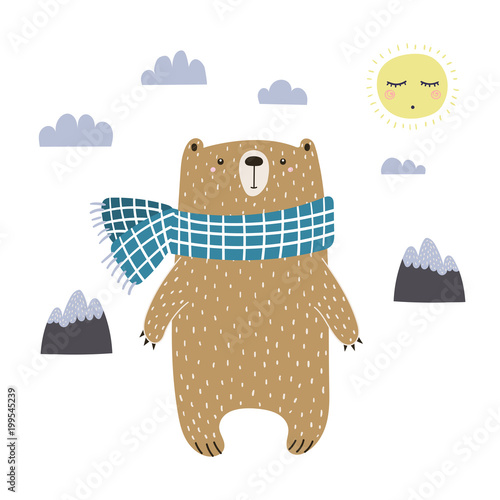 Hand drawn vector illustration of a cute funny bear in a muffler, going for a walk. Isolated objects on white background. Scandinavian style design. Concept for kids apparel, nursery print.