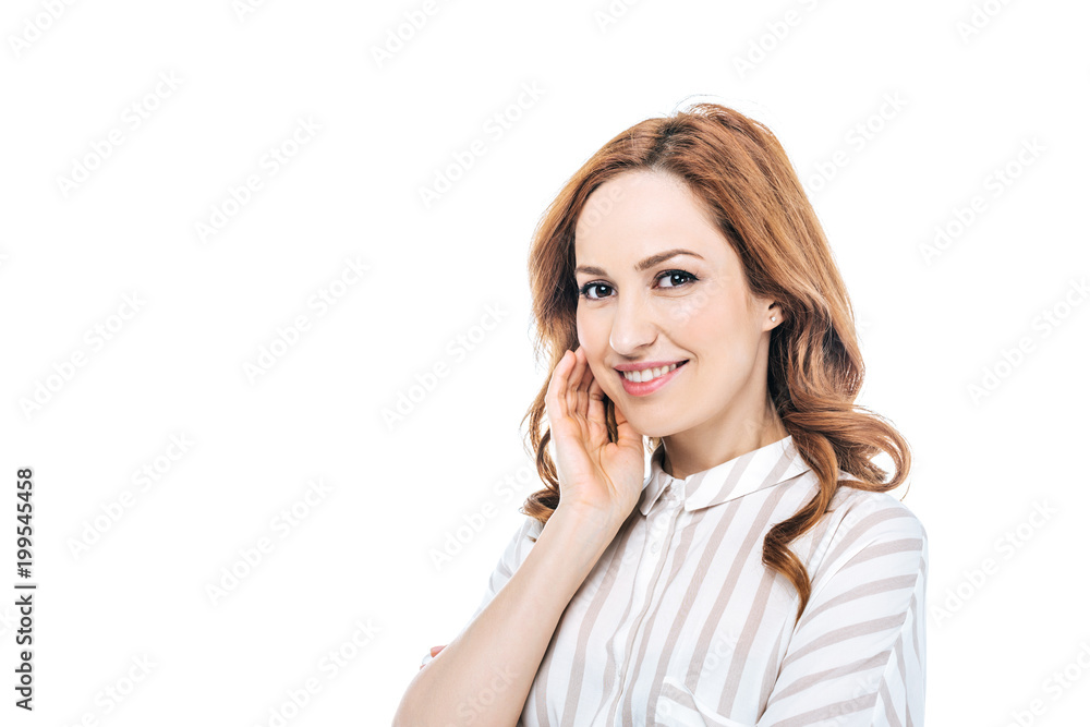 portrait of beautiful woman smiling at camera isolated on white portrait of beautiful woman smiling at camera isolated on white