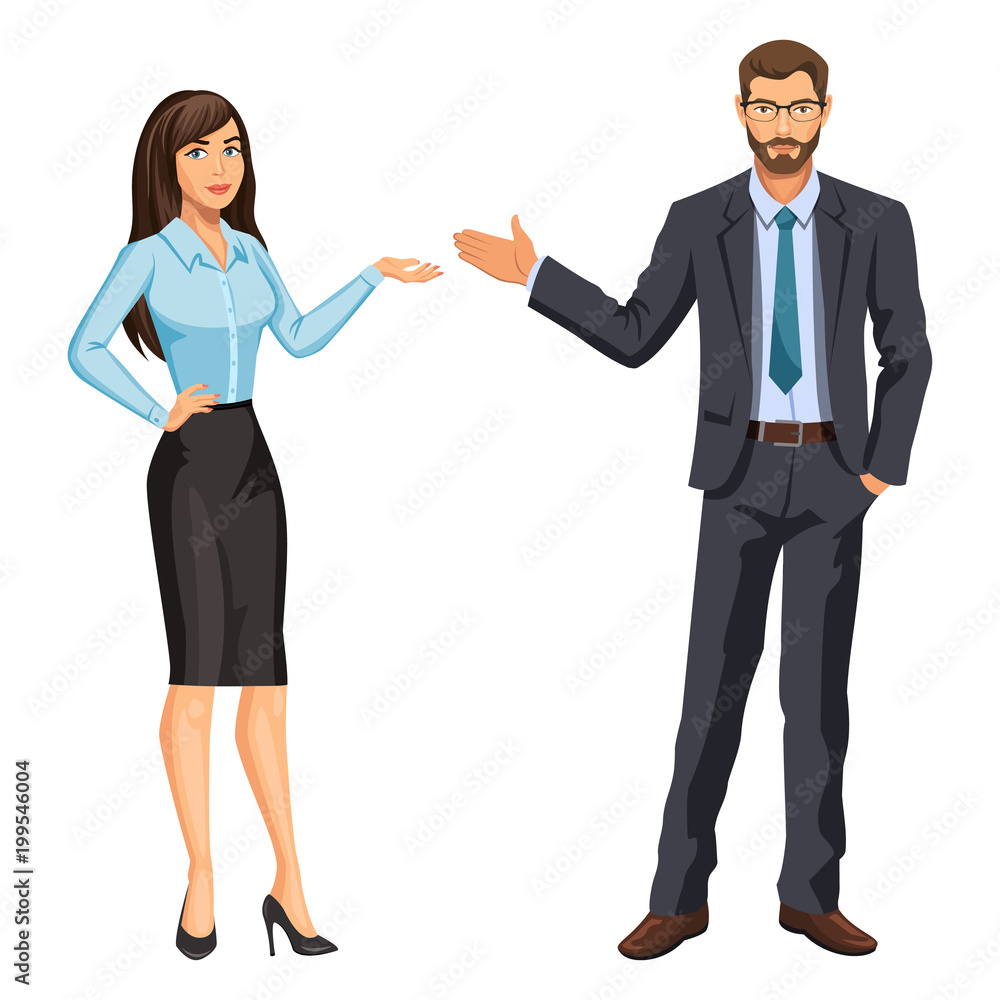 Man in business suit with glasses and beard and elegant brunette girl. Businessman and secretary, standing and gesturing. Stock vector, eps 10.