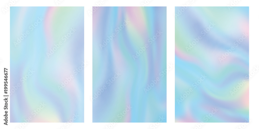 Fototapeta premium Holographic gradient mesh set vector illustration. Colorful iridescent pastel background.