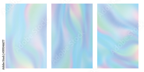 Holographic gradient mesh set vector illustration. Colorful iridescent pastel background.