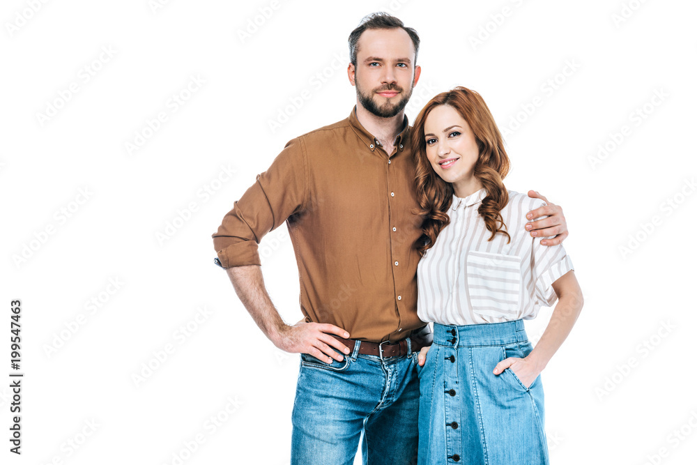 beautiful happy couple embracing and smiling at camera isolated on white beautiful happy couple embracing and smiling at camera isolated on white