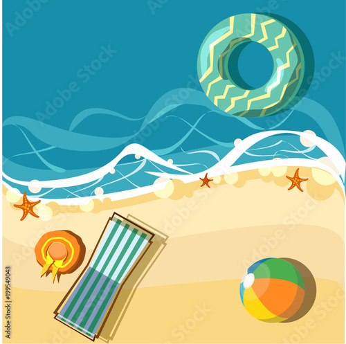 Vacation card with beach and deckchair.