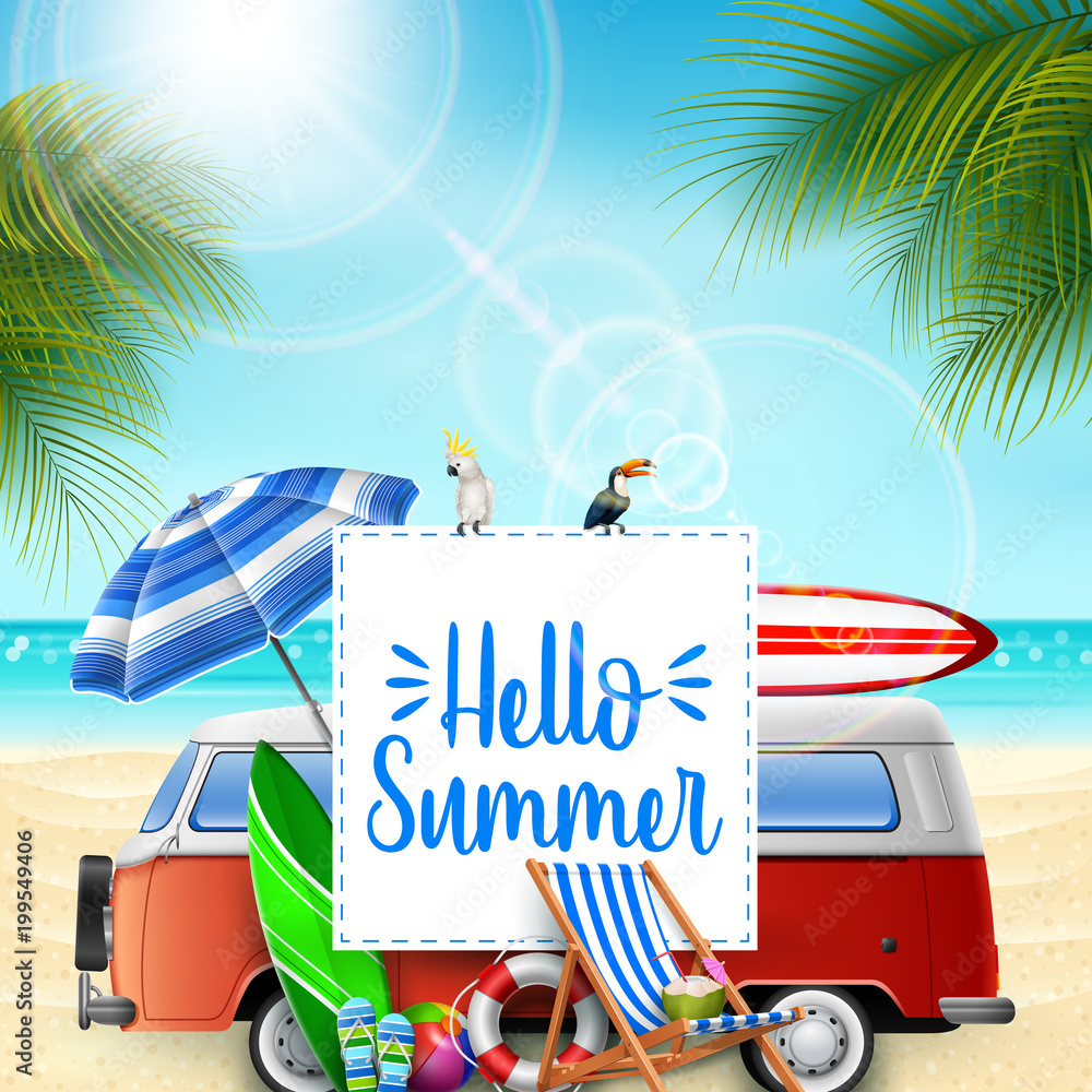 Obraz premium Hello summer banner background with a camper van, birds, and beach elements