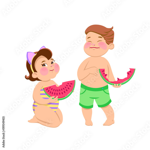 cartoon children eating watermelon on a white background