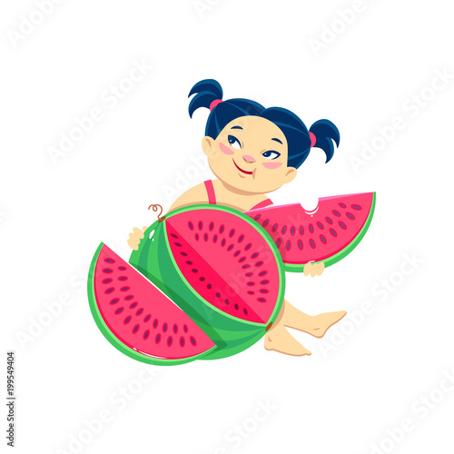 cartoon asian girl eating watermelon. Summer vector illustration