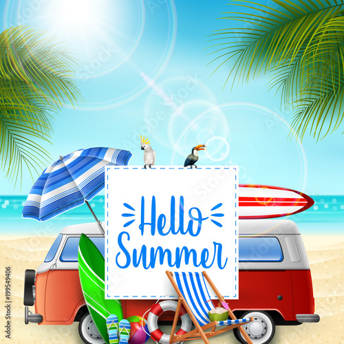 Hello summer banner background with a camper van, birds, and beach elements
