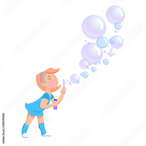 cartoon girl blowing soap bubbles 