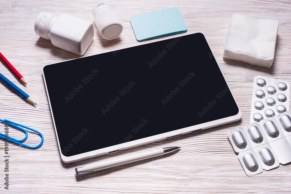 Top view desk of medicine doctor Top view desk of medicine doctor