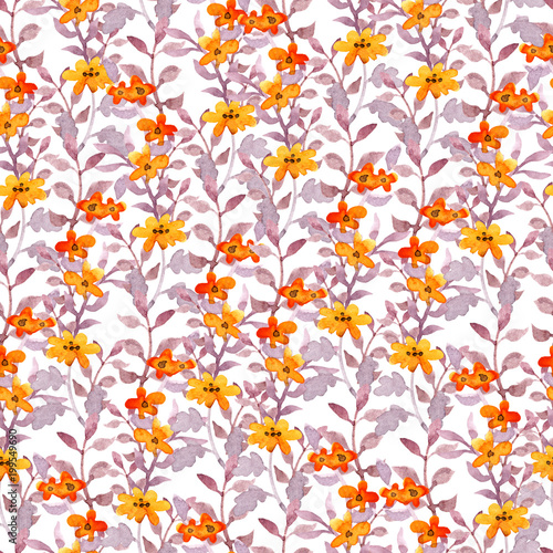 Seamless cute floral pattern. Vintage pretty flowers and leaves. Watercolor
