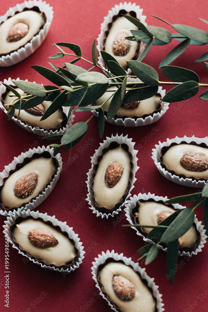Composition of delicious praline sweets with almonds and green twigs on red background