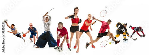 Sport collage about kickboxing, soccer, american football, basketball, ice hockey, badminton, aikido, tennis, rugby