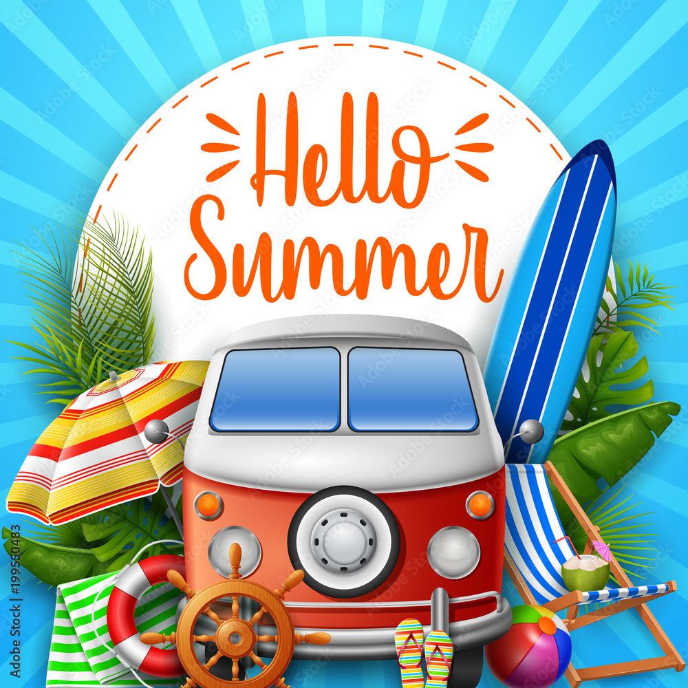 Naklejka premium Hello summer. Camper van.