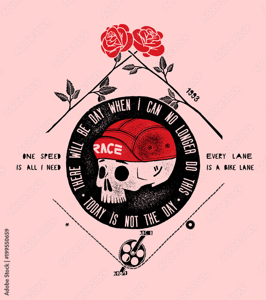 Obraz premium today is not the day - bicycle skull in cap print with two roses