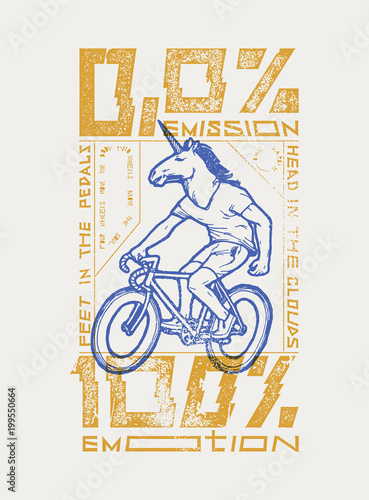 no emission all emotions - unicorn head bicycle rider t-shirt print