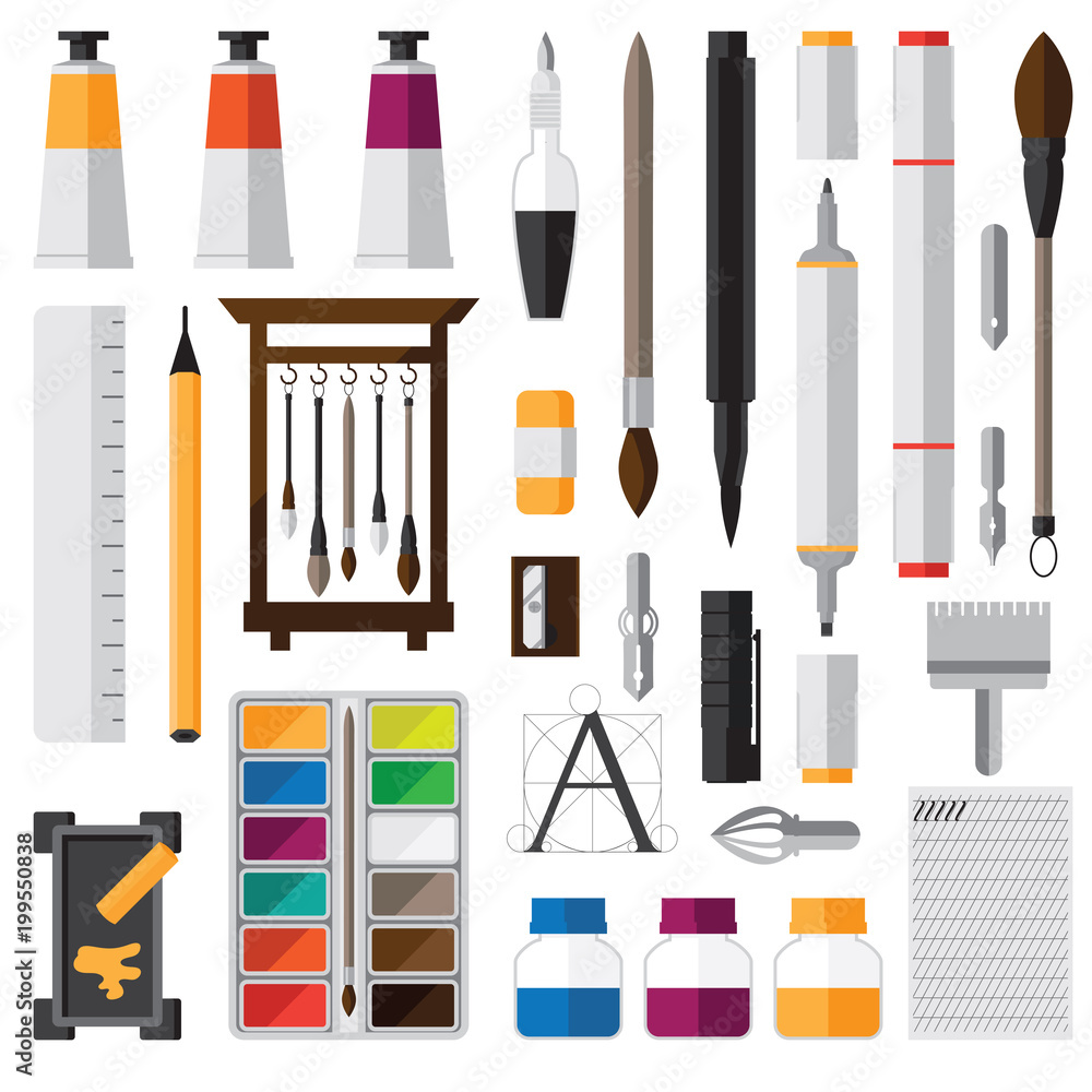 Vector set with equipment for calligraphy and lettering. Watercolor ink, brushes, maekers and nibs for hand writing Vector set with equipment for calligraphy and lettering. Watercolor ink, brushes, maekers and nibs for hand writing