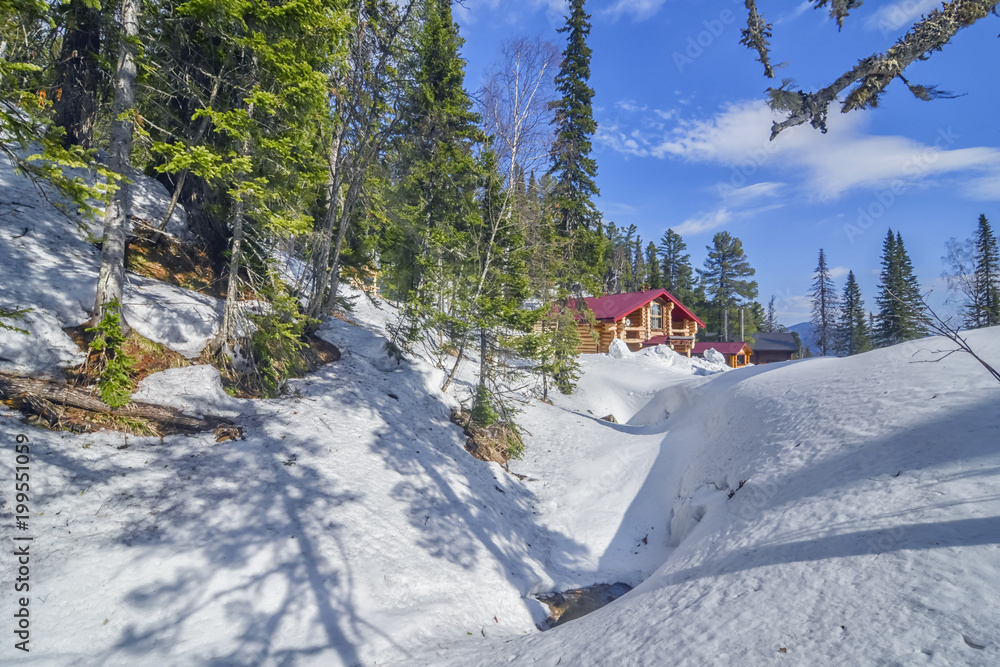 Winter landscape with forest and small house in mountains