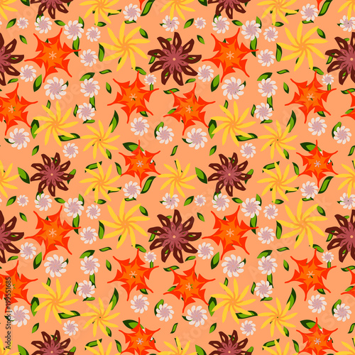 Abstract floral seamless pattern in red  orange and yellow colors. Unusual flowers in chaotic order.  Vector background  backgrop  print for wrapping paper or cloth