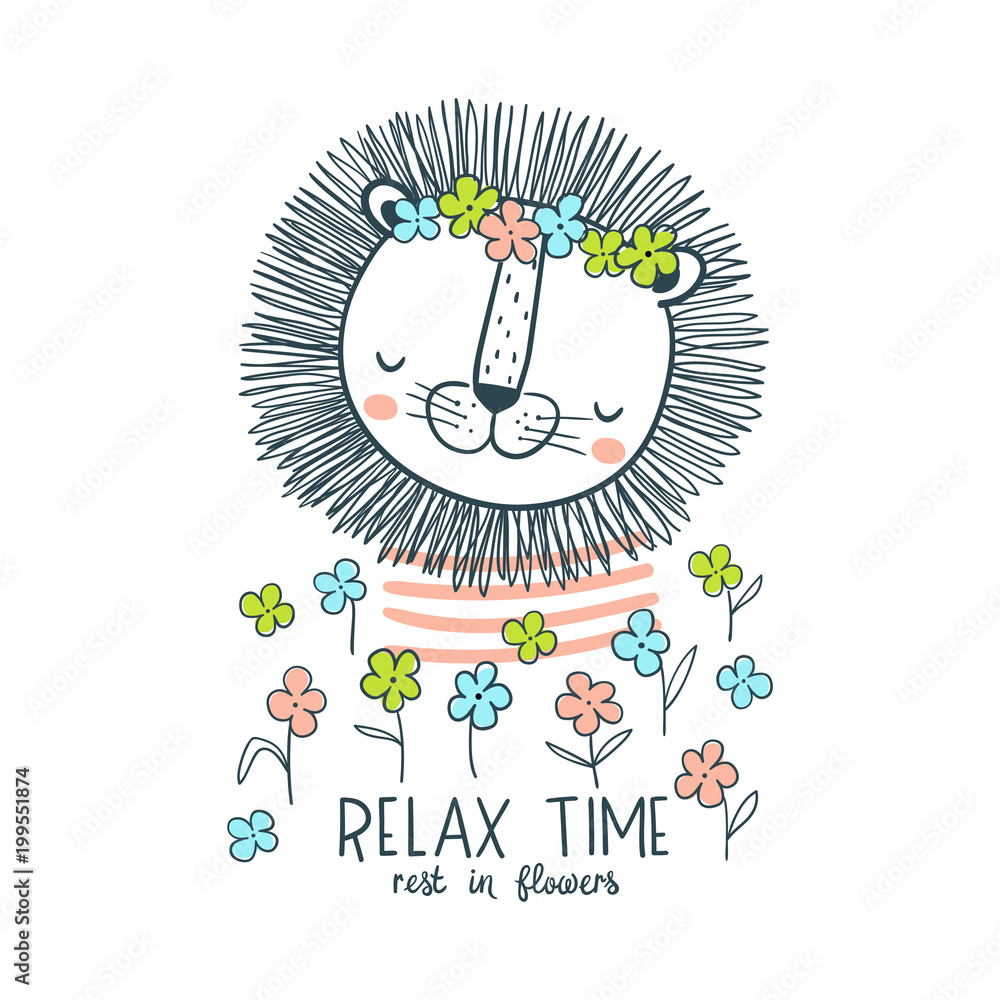 Fototapeta premium Lion in the flowers. Vector illustration for kids