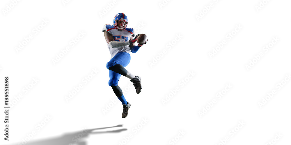 Isolated Black American football player in white background